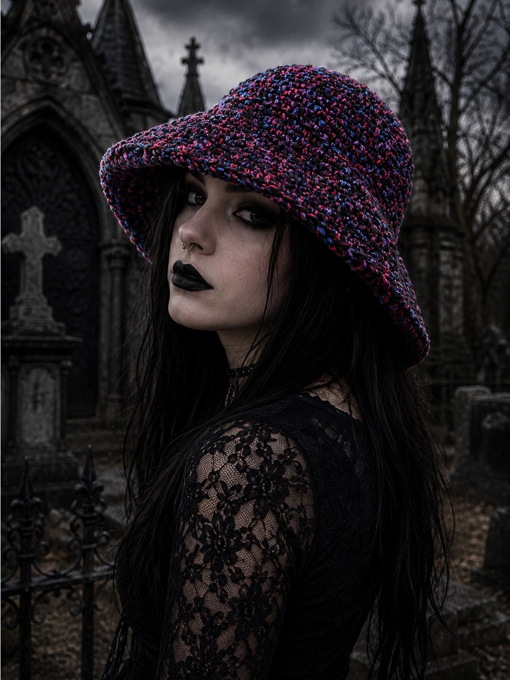 Crochet Goth Sun Hat Black Pink Purple Blue Alternative Bucket